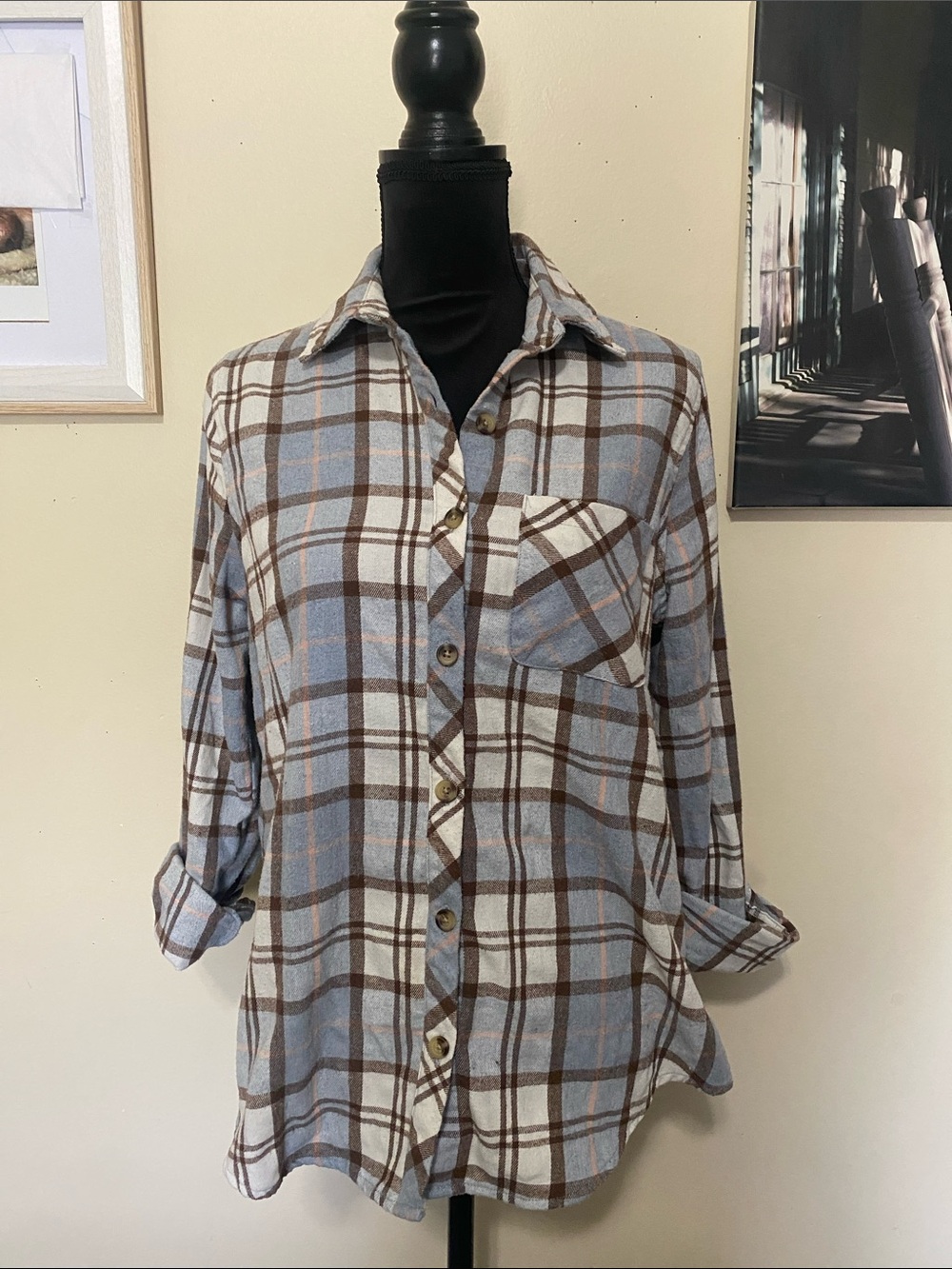 Ultra Flirt Light Blue and Brown Plaid Button-Up Shirt Sz M